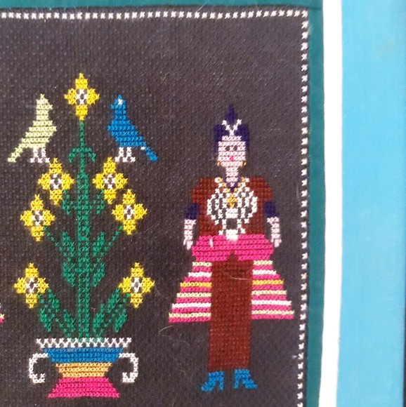 Vintage Hmong Embroidered Cross-Stitch Framed Pictures - Woman + Flower - Picture 7 of 13